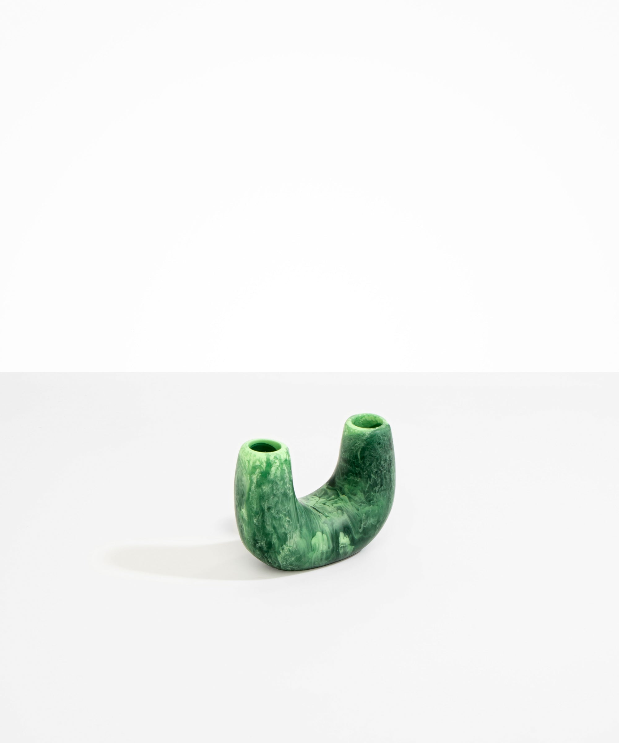 Dinosaur Designs Mini Branch Vase in Moss —  marbled green resin decorative vase with chunky U-shaped arch form and twin openings