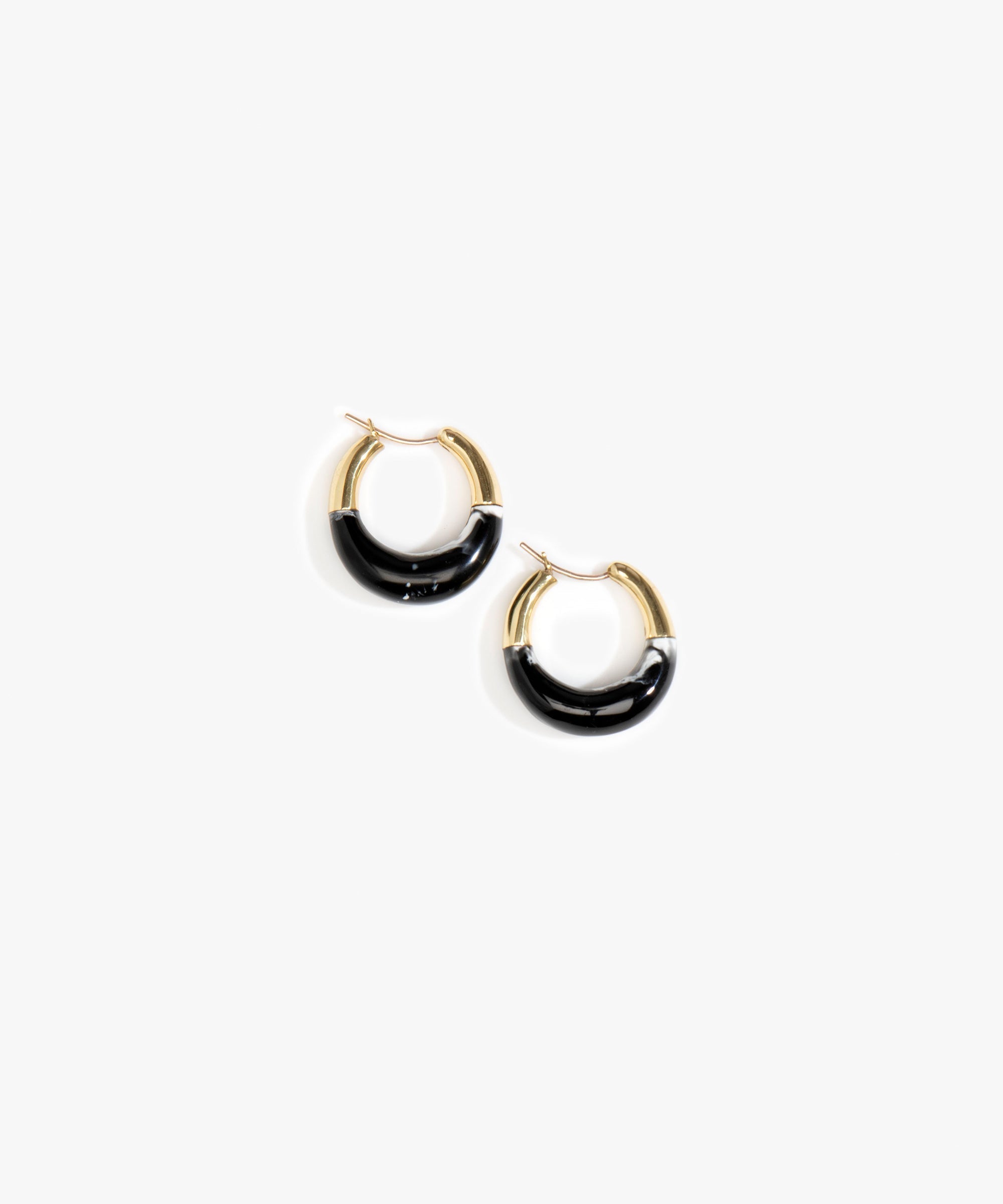 Dinosaur Designs Small Horn Hoop Earrings in Black Marble Colour resin with Nano-Coated Brass Material.