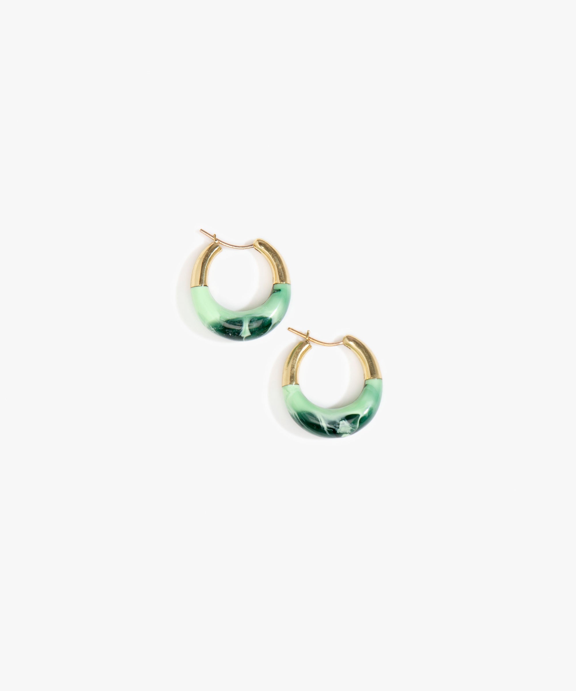 Dinosaur Designs Small Horn Hoop Earrings in Moss Colour resin with Nano-Coated Brass Material.