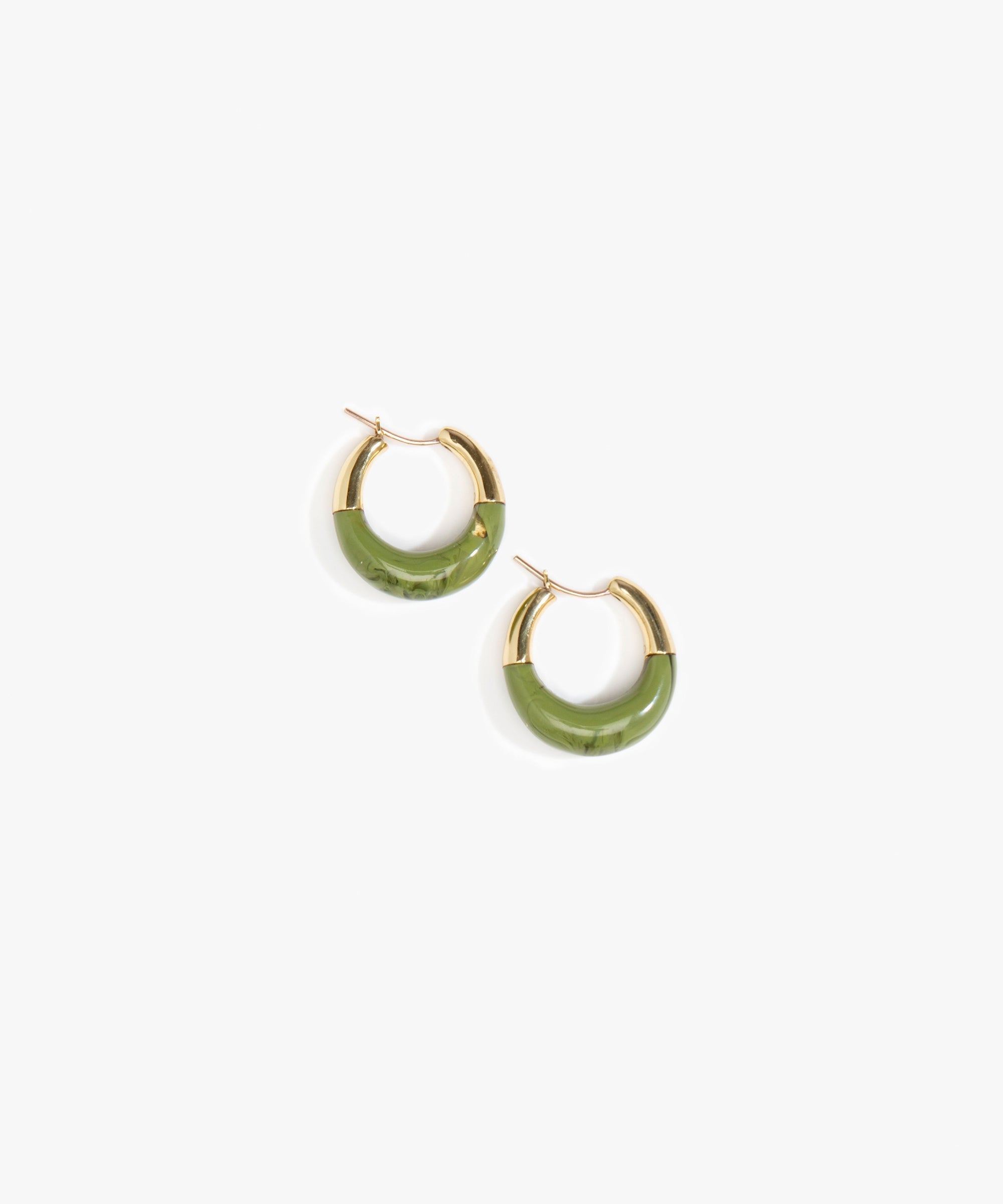 Dinosaur Designs Small Horn Hoop Earrings in Olive Colour resin with Nano-Coated Brass Material.