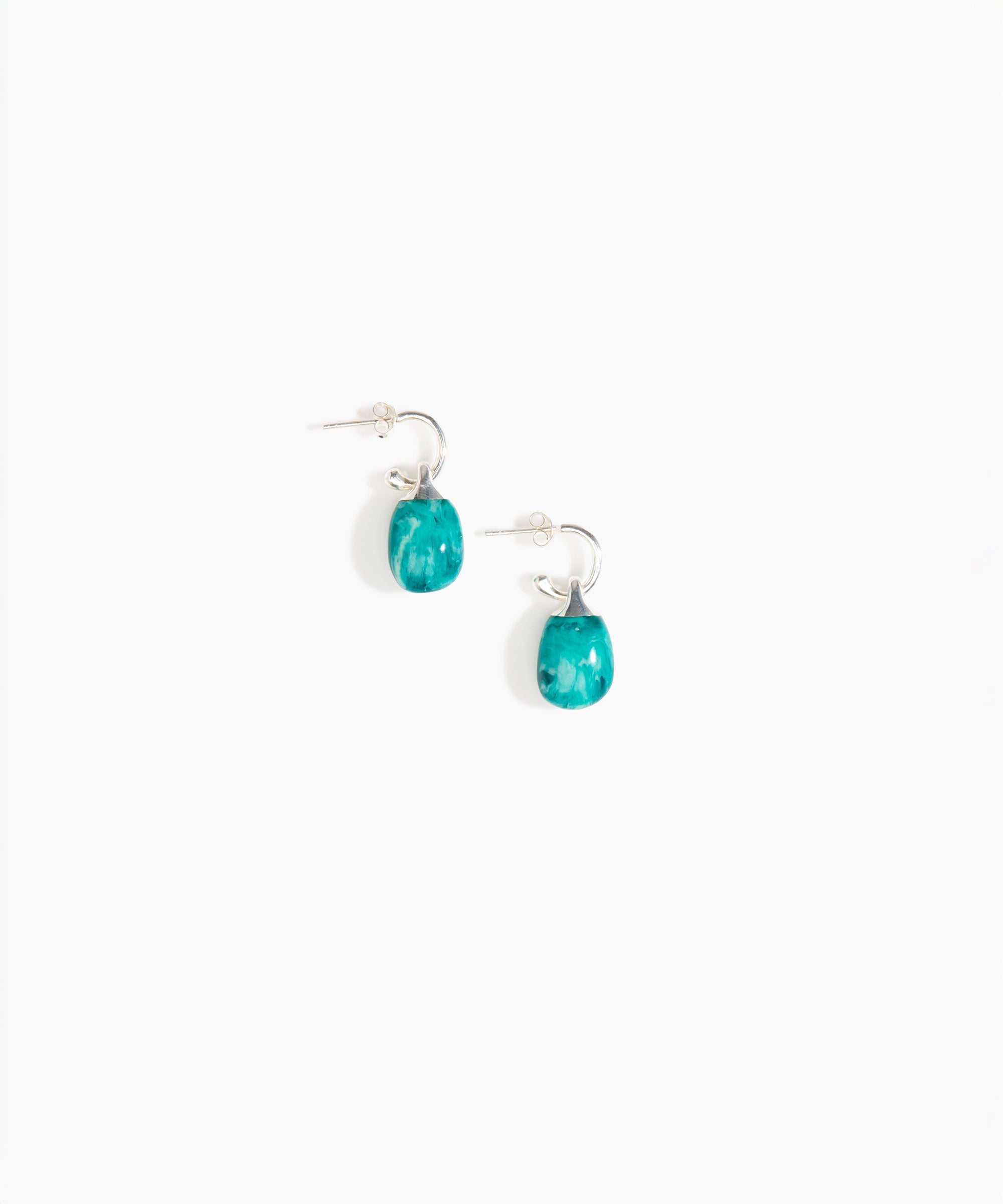 Dinosaur Designs Small River Rock Hoop Earrings in Lagoon Colour resin with Silver-Plated Brass Hoop Material.